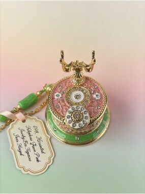 098, NWOT Hand Painted Green Pink Telephone Figurine jewelry Box Hinged